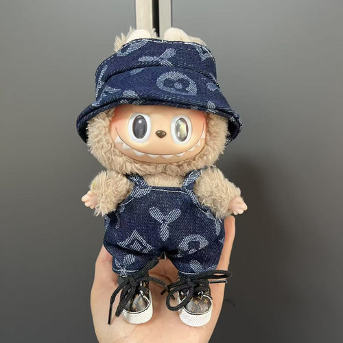 Title: 🧢 Labubu Denim Luxe Fit – LV-Inspired Bucket Hat & Overalls Set