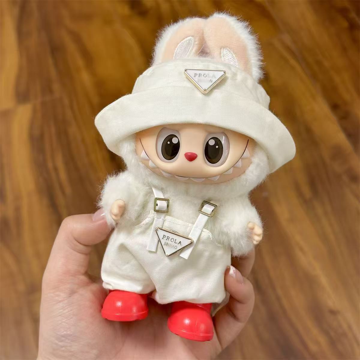 🤍 Labubu Luxe Fit – White PR*DA-Inspired Bucket Hat & Suspender Set with Red Boots