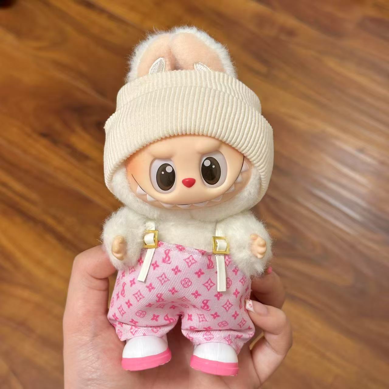 💗 Labubu Luxe Fit – Cream Beanie & Pink LV-Inspired Overalls Set