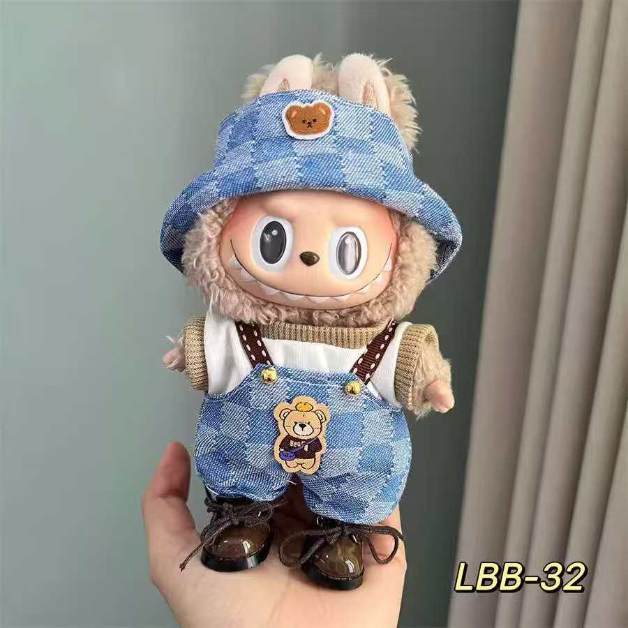 🧸 Labubu Denim Bear Outfit – Blue Bucket Hat & Overalls Set