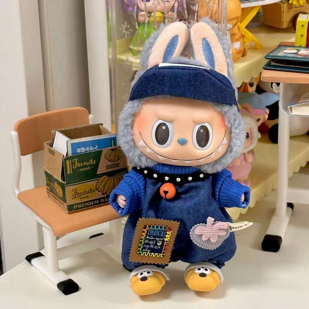 🧢 Labubu Patchwork Denim Fit – Cartoon Slippers & Beanie Set